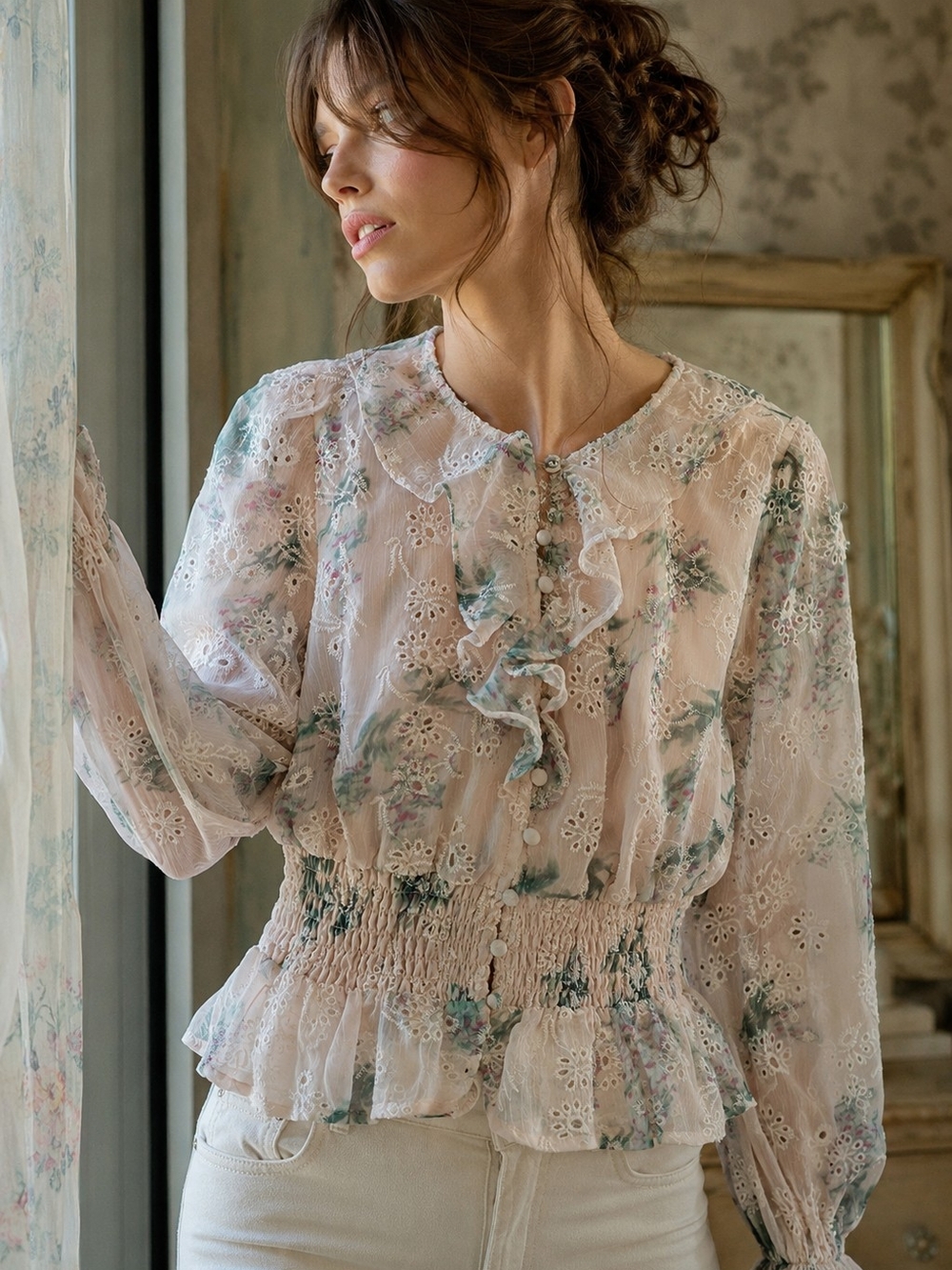 🌸 GUESS Romantic Floral Eyelet Blouse — Size S